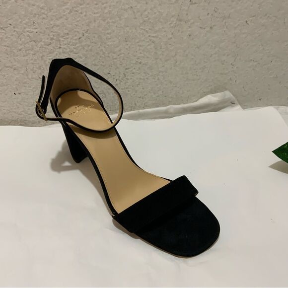 New Ann Mashburn black suede ankle Strap sandals size 38.5 heels 3” - Picture 2 of 11
